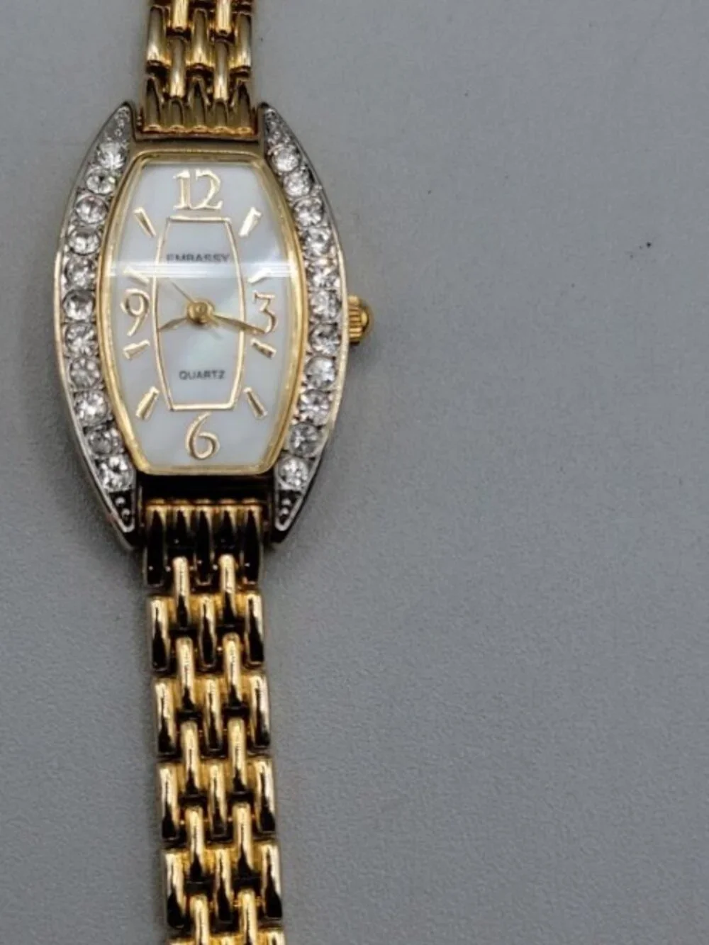 Vintage Embassy Gruen Crystal Tonneau Watch 20mm MOP Dial Stainless Gold Tone 7